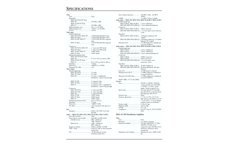 Pecifications | Extron electronic Mini Distribution Amplifier User Manual | Page 3 / 4