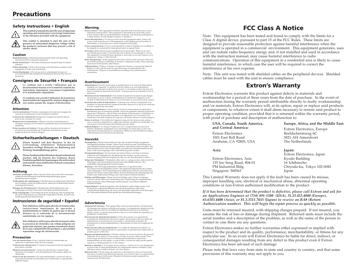 Precautions, Fcc class a notice, Extron’s warranty | Instrucciones de seguridad • español | Extron electronic P/2 DA4xi User Manual | Page 2 / 10