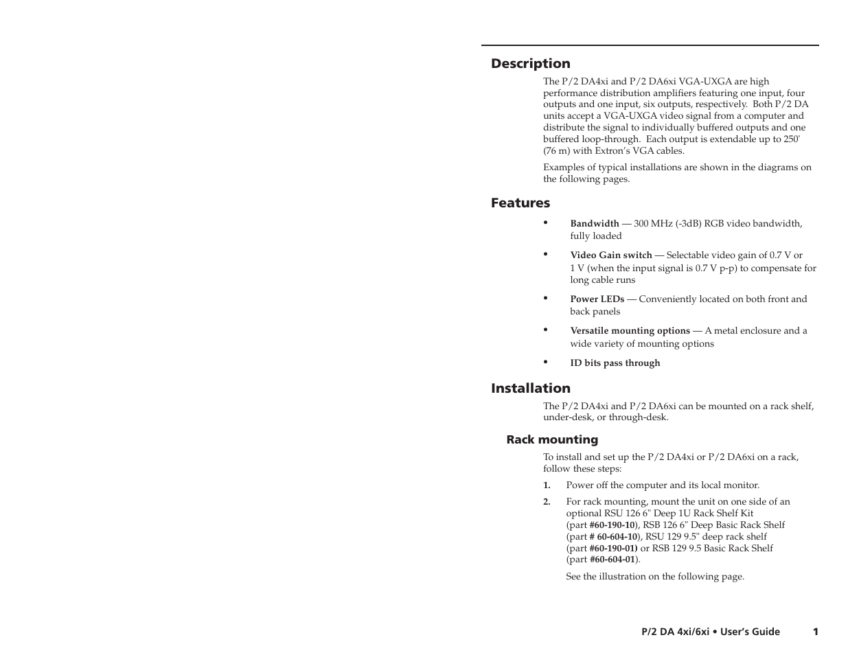 Description, Features, Installation | Extron electronic P/2 DA4xi User Manual | Page 4 / 10