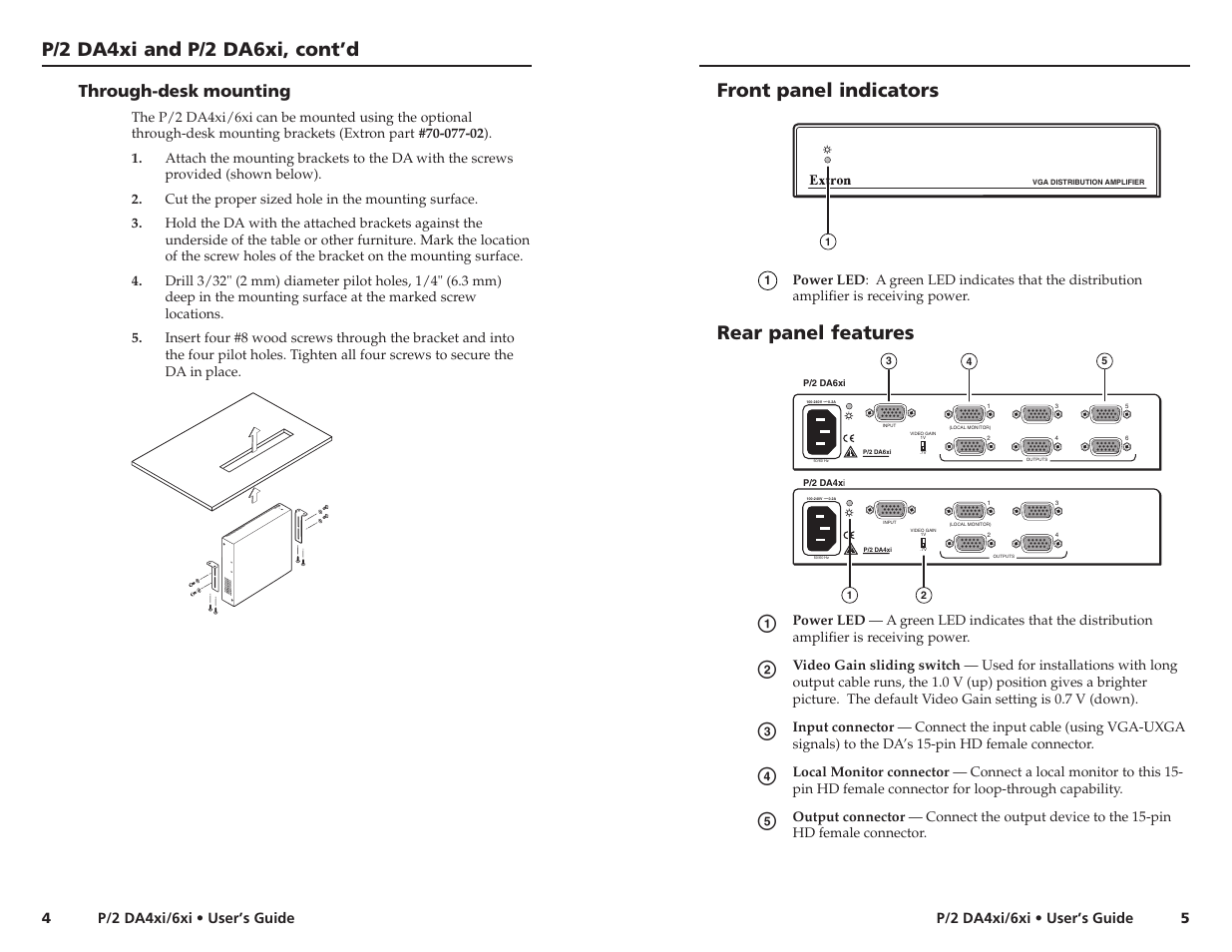 Rear panel features, Vg a d is tr ib ut io n a mp lif ie r, Through-desk mounting | Extron electronic P/2 DA4xi User Manual | Page 6 / 10