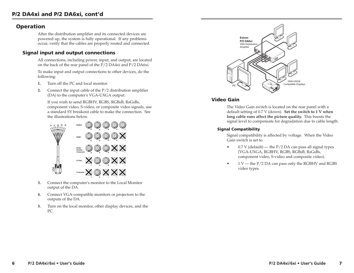 P/2 da4xi and p/2 da6xi, cont’d, Operation, Signal input and output connections | Video gain | Extron electronic P/2 DA4xi User Manual | Page 7 / 10