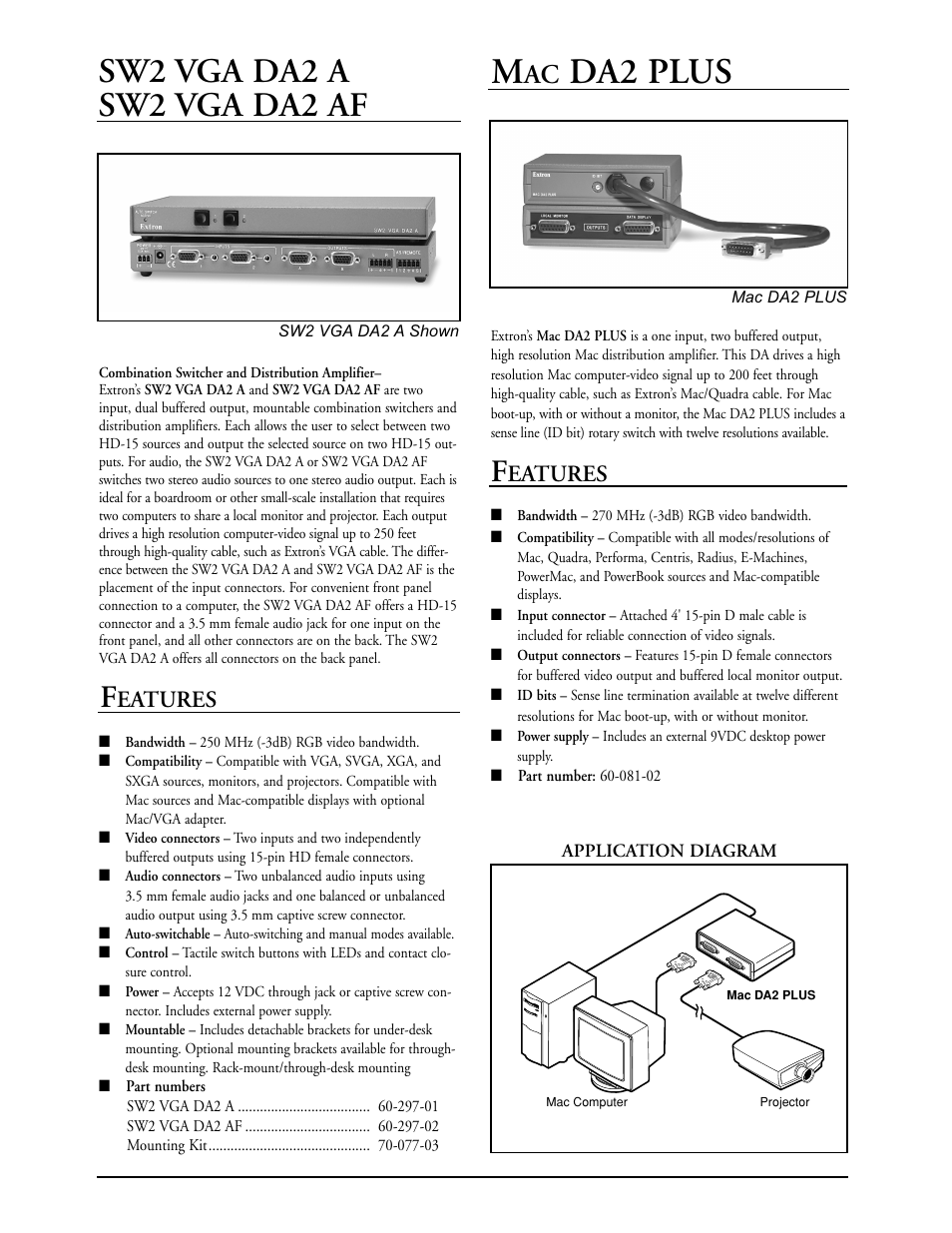 Da2 plus, Sw2 vga da2 a sw2 vga da2 af, Eatures | Extron electronic MAC User Manual | Page 5 / 6