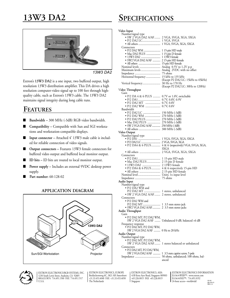 13w3 da2, Pecifications, Eatures | Application diagram | Extron electronic MAC User Manual | Page 6 / 6