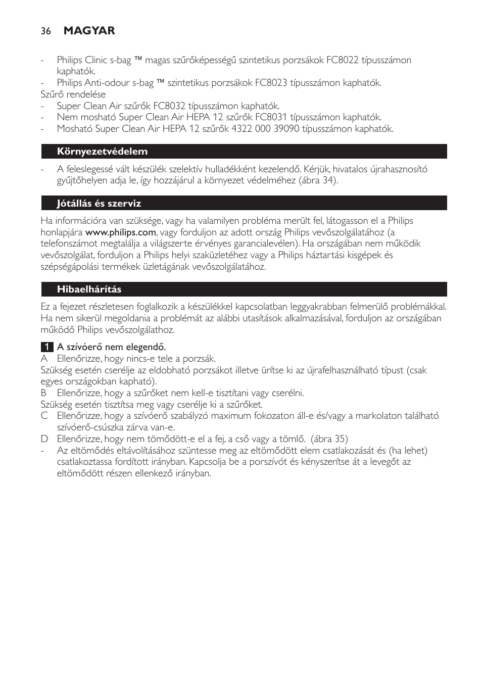 Környezetvédelem, Jótállás és szerviz, Hibaelhárítás | Philips FC8611 User Manual | Page 36 / 108