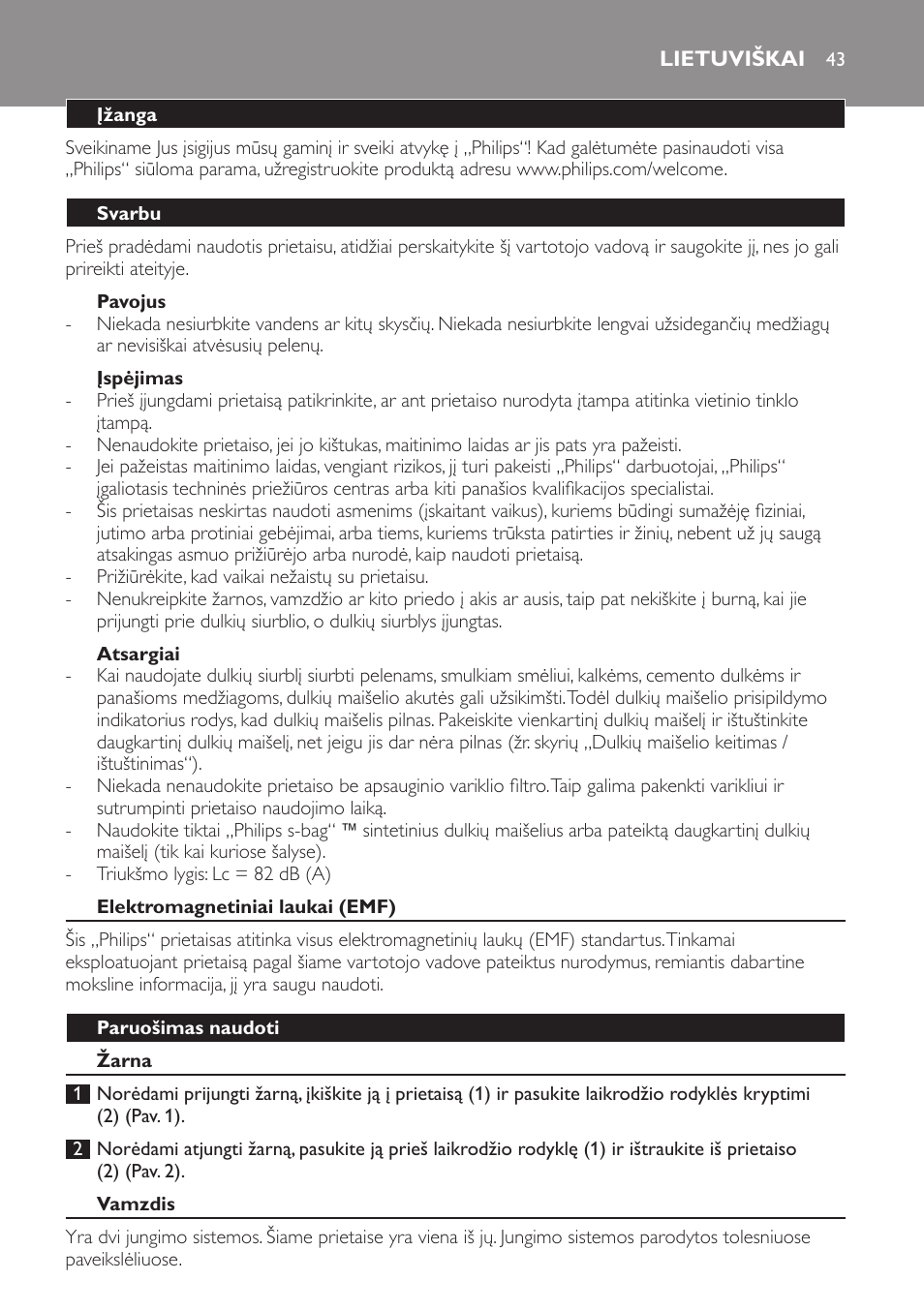 Pavojus, Įspėjimas, Atsargiai | Lietuviškai, Įžanga, Svarbu, Elektromagnetiniai laukai (emf), Paruošimas naudoti, Žarna, Vamzdis | Philips FC8611 User Manual | Page 43 / 108