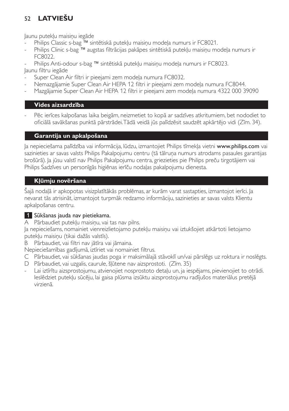 Vides aizsardzība, Garantija un apkalpošana, Kļūmju novēršana | Philips FC8611 User Manual | Page 52 / 108