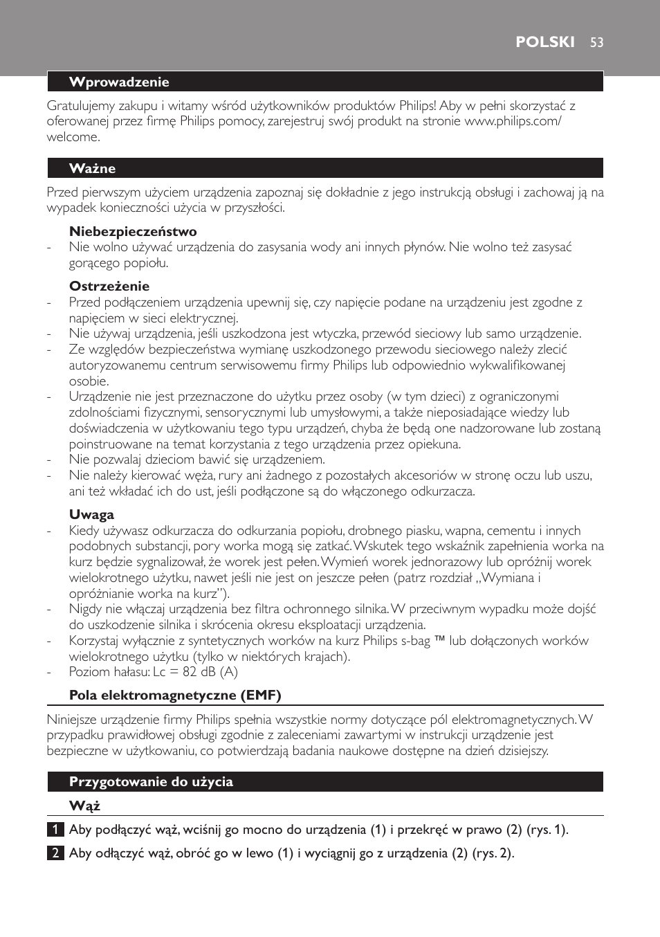 Niebezpieczeństwo, Ostrzeżenie, Uwaga | Polski, Wprowadzenie, Ważne, Pola elektromagnetyczne (emf), Przygotowanie do użycia | Philips FC8611 User Manual | Page 53 / 108