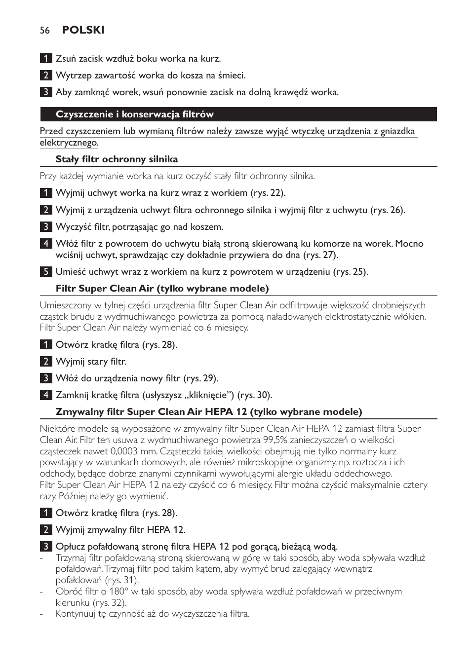 Czyszczenie i konserwacja filtrów, Stały filtr ochronny silnika, Filtr super clean air (tylko wybrane modele) | Philips FC8611 User Manual | Page 56 / 108