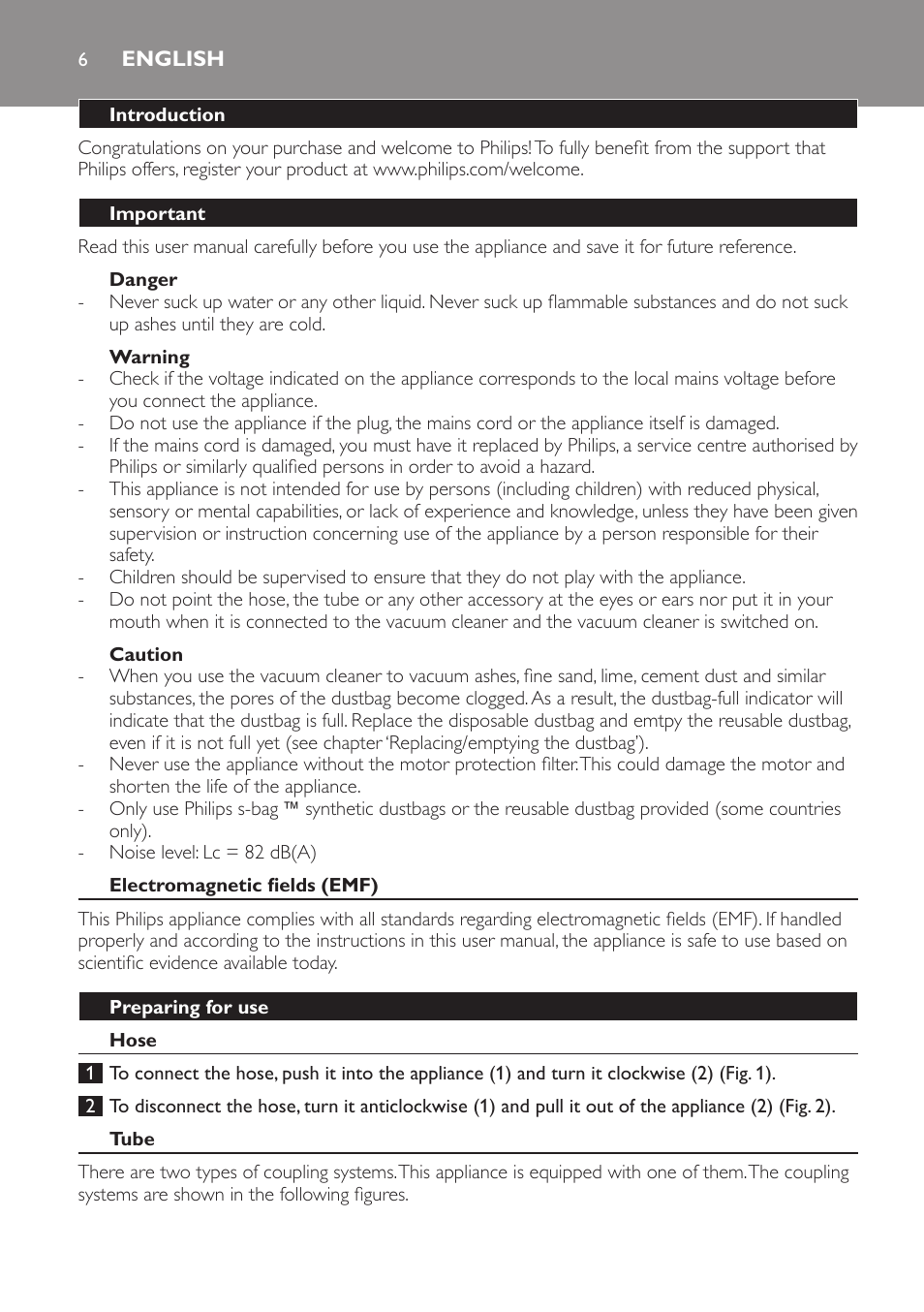 English, Introduction, Important | Danger, Warning, Caution, Electromagnetic fields (emf), Preparing for use, Hose, Tube | Philips FC8611 User Manual | Page 6 / 108