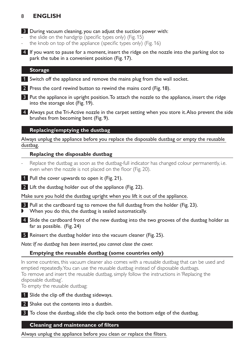 Storage, Replacing/emptying the dustbag, Replacing the disposable dustbag | Cleaning and maintenance of filters | Philips FC8611 User Manual | Page 8 / 108