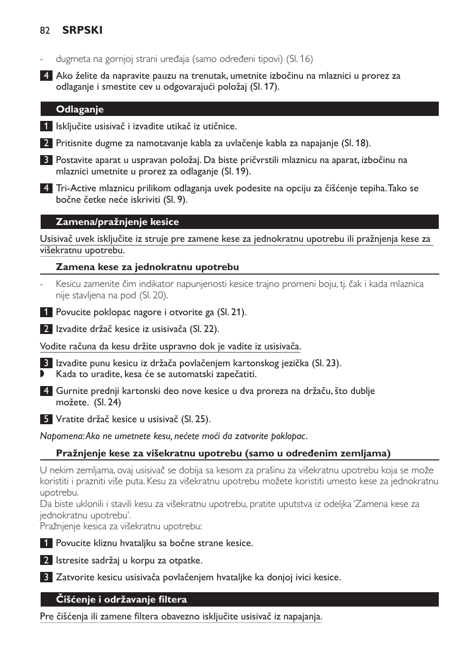 Odlaganje, Zamena/pražnjenje kesice, Zamena kese za jednokratnu upotrebu | Čišćenje i održavanje filtera | Philips FC8611 User Manual | Page 82 / 108