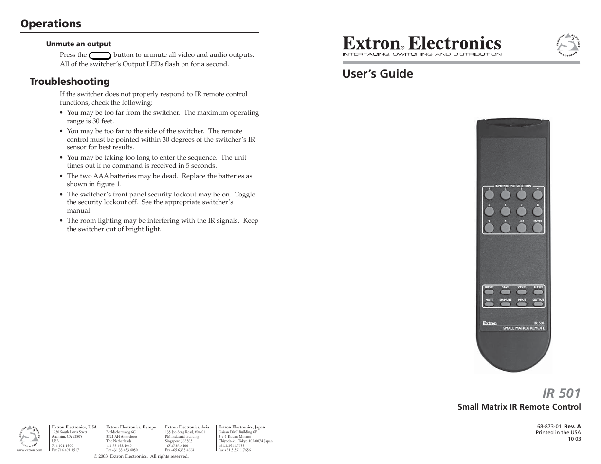 Extron electronic IR 501 User Manual | 4 pages