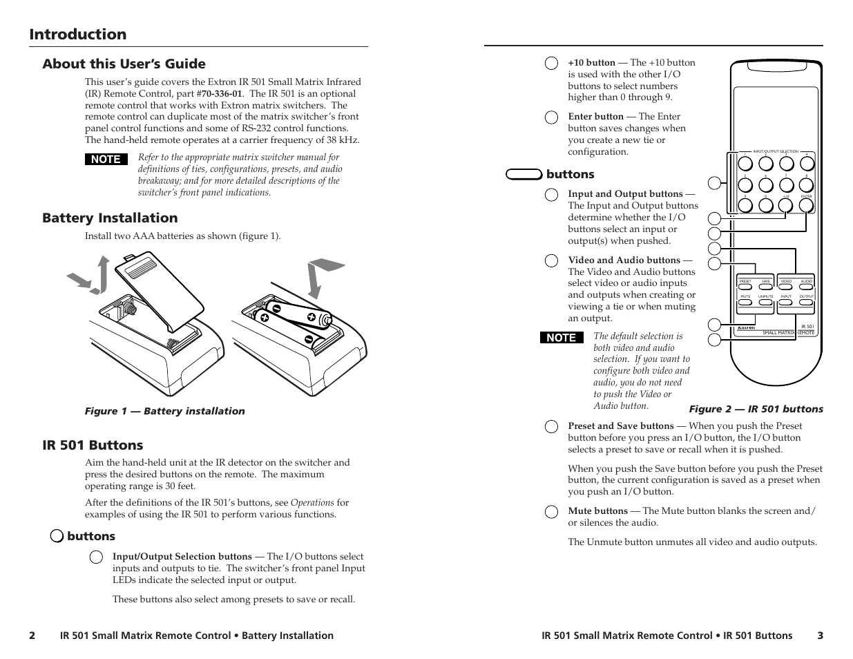 Operations introduction, About this user’s guide, Battery installation | Ir 501 buttons, Buttons | Extron electronic IR 501 User Manual | Page 2 / 4