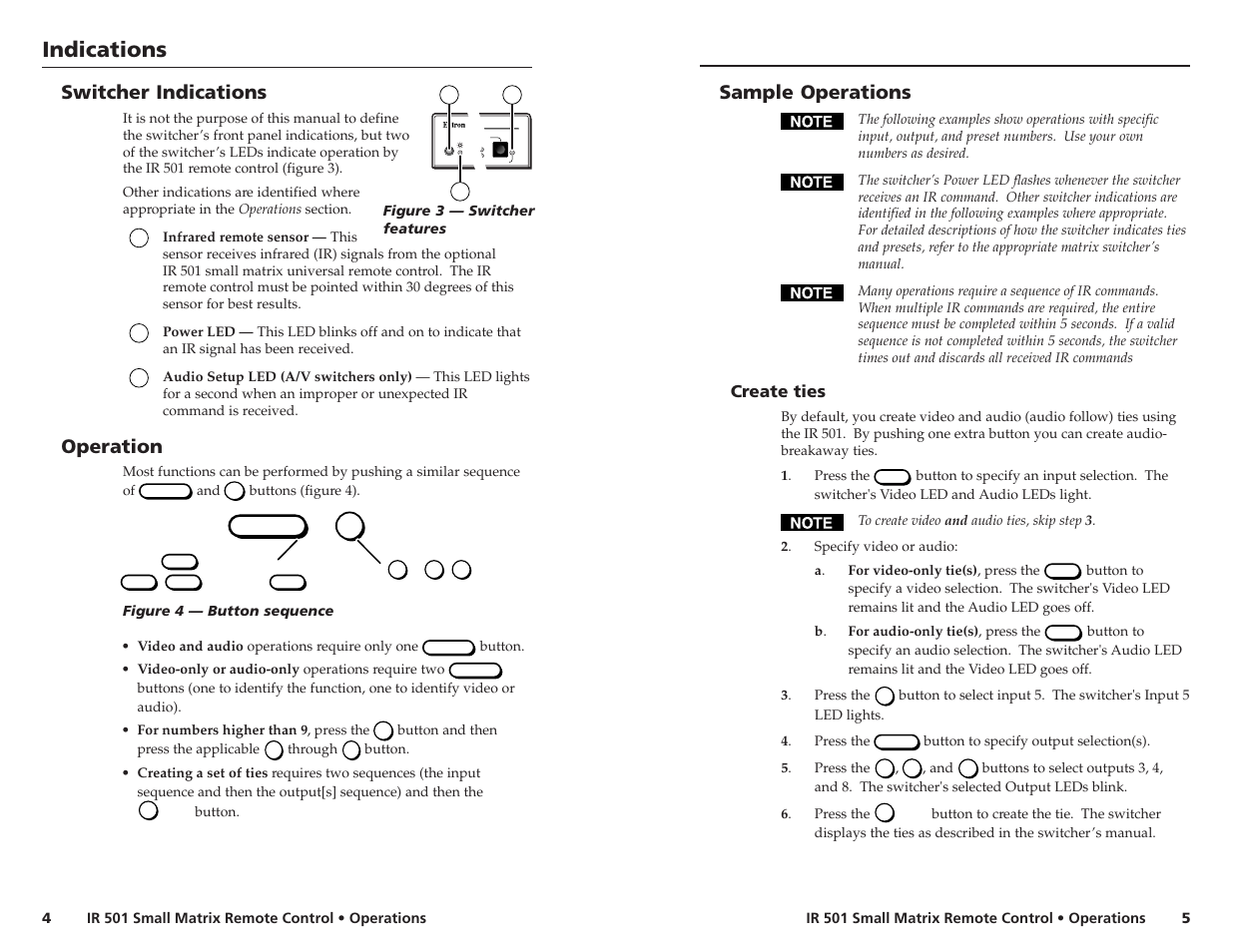 Operations, Indications, Switcher indications | Operation, Sample operations, Create ties | Extron electronic IR 501 User Manual | Page 3 / 4