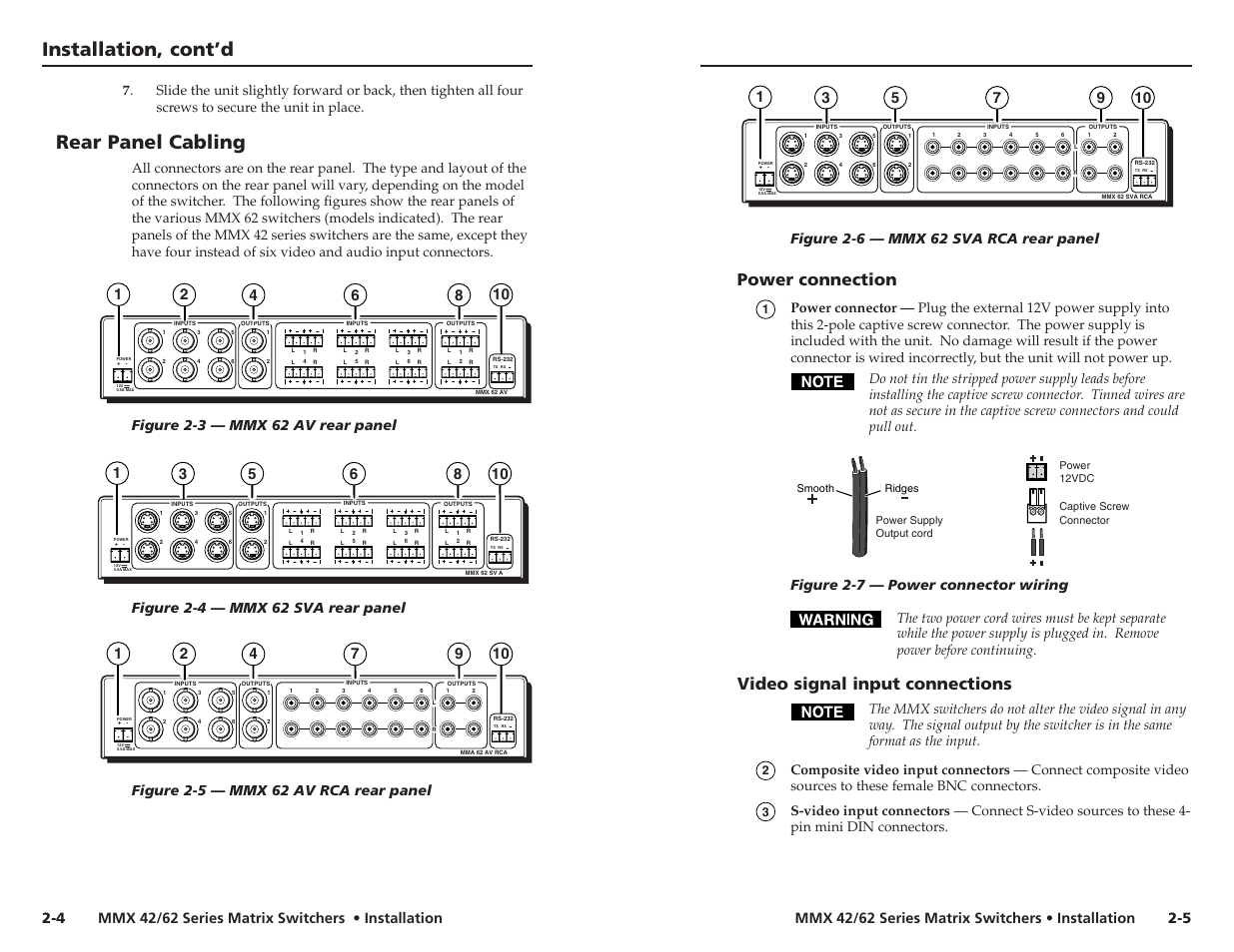 Installation, cont’d, Rear panel cabling, Power connection | Video signal input connections, Mmx 42/62 series matrix switchers • installation, Figure 2-7 — power connector wiring | Extron electronic MMX 42 User Manual | Page 10 / 23