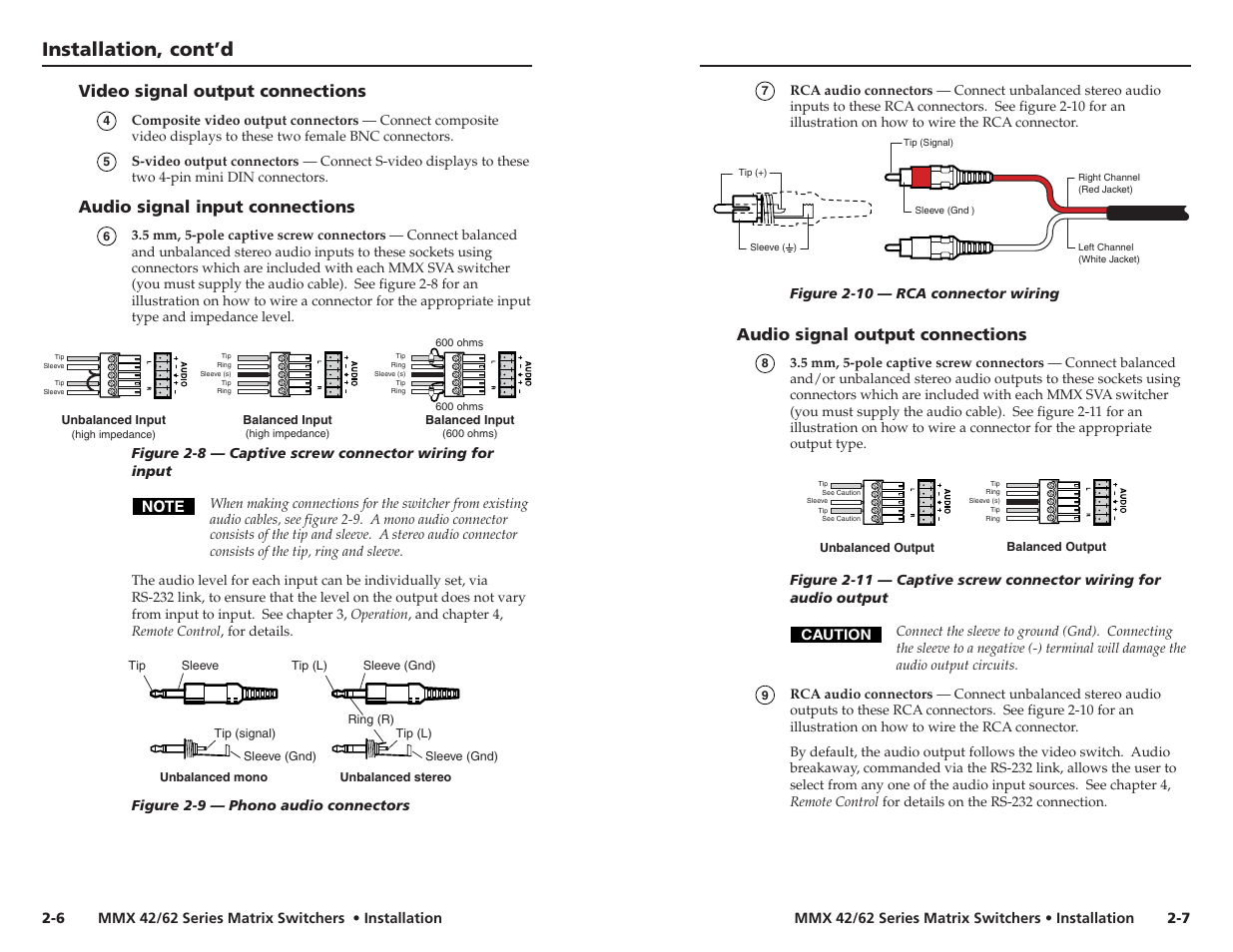 Installation, cont’d, Video signal output connections, Audio signal input connections | Audio signal output connections | Extron electronic MMX 42 User Manual | Page 11 / 23