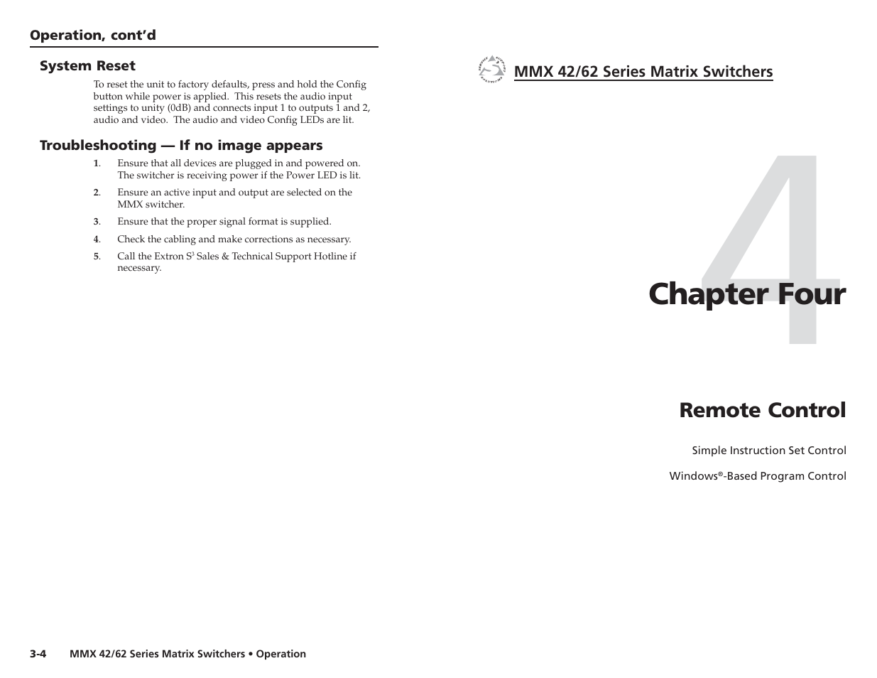 Ch.4: remote control (rs-232 control), Chapter four | Extron electronic MMX 42 User Manual | Page 14 / 23