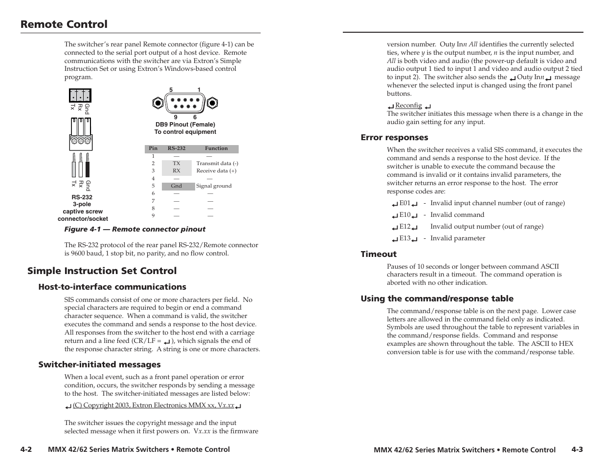 Remote control, Remote control, cont’d, Simple instruction set control | Host-to-interface communications, Switcher-initiated messages, Error responses, Timeout, Using the command/response table | Extron electronic MMX 42 User Manual | Page 15 / 23