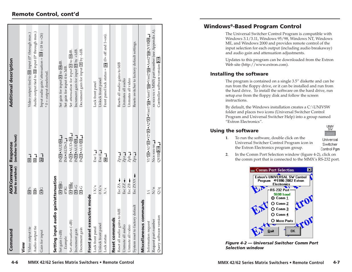 Remote control, cont’d windows, Based program control, Installing the software | Using the software | Extron electronic MMX 42 User Manual | Page 17 / 23
