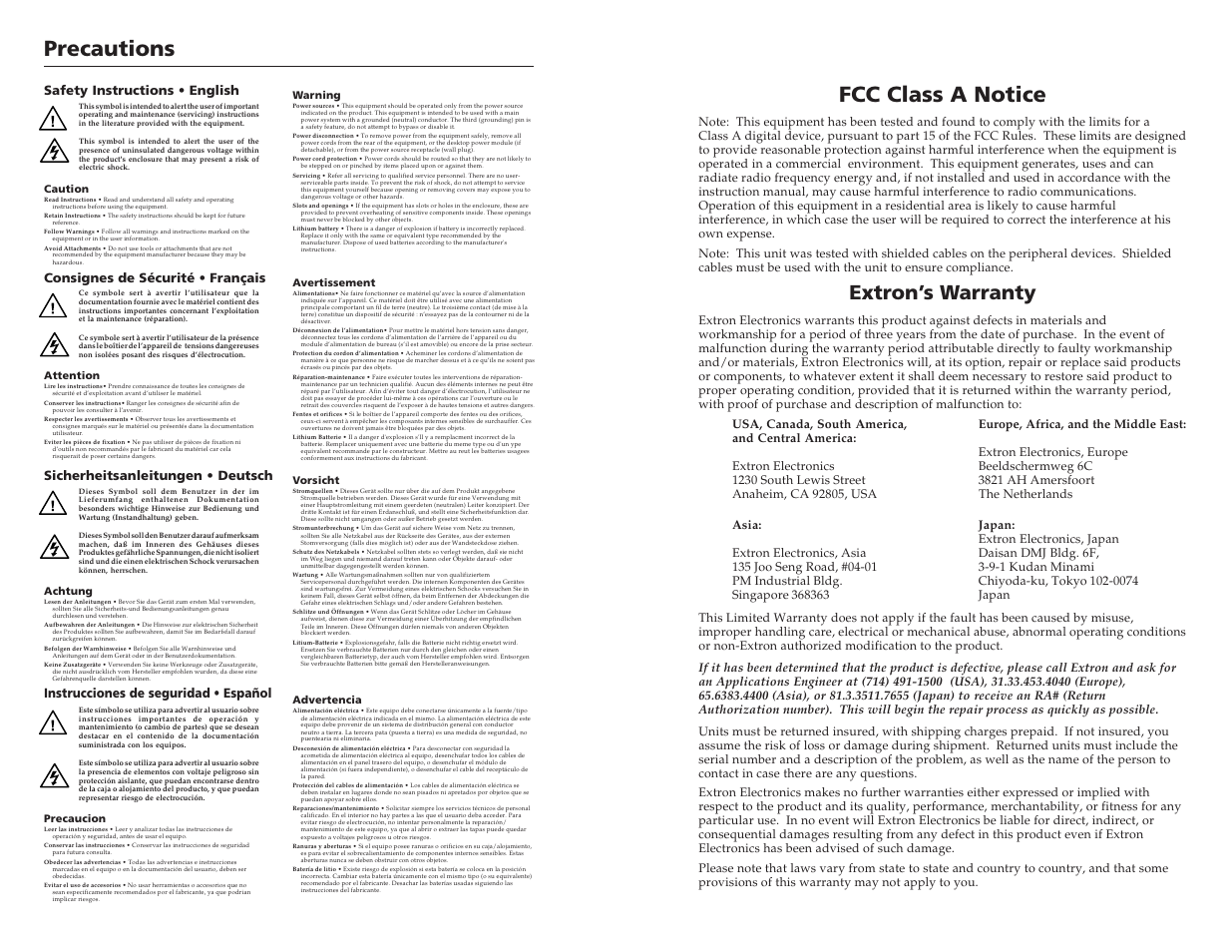 Precautions, Fcc class a notice, Extron’s warranty | Instrucciones de seguridad • español | Extron electronic MMX 42 User Manual | Page 2 / 23