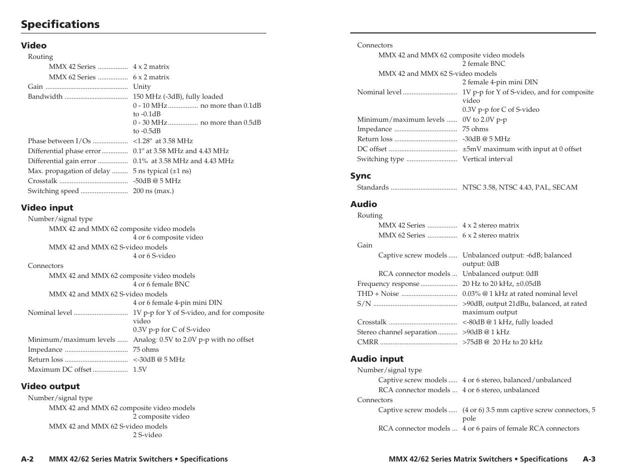 Specifications, Specifications, cont’d | Extron electronic MMX 42 User Manual | Page 21 / 23