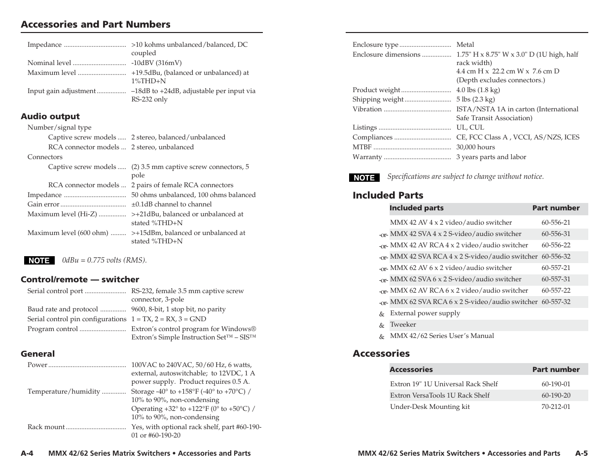 Accessories and part numbers, cont’d, Included parts, Accessories | Extron electronic MMX 42 User Manual | Page 22 / 23