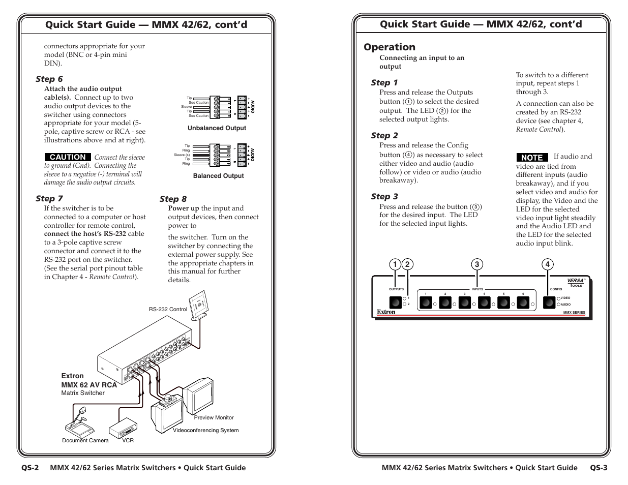 Quick start guide — mmx 42/62, cont’d, Operation | Extron electronic MMX 42 User Manual | Page 4 / 23