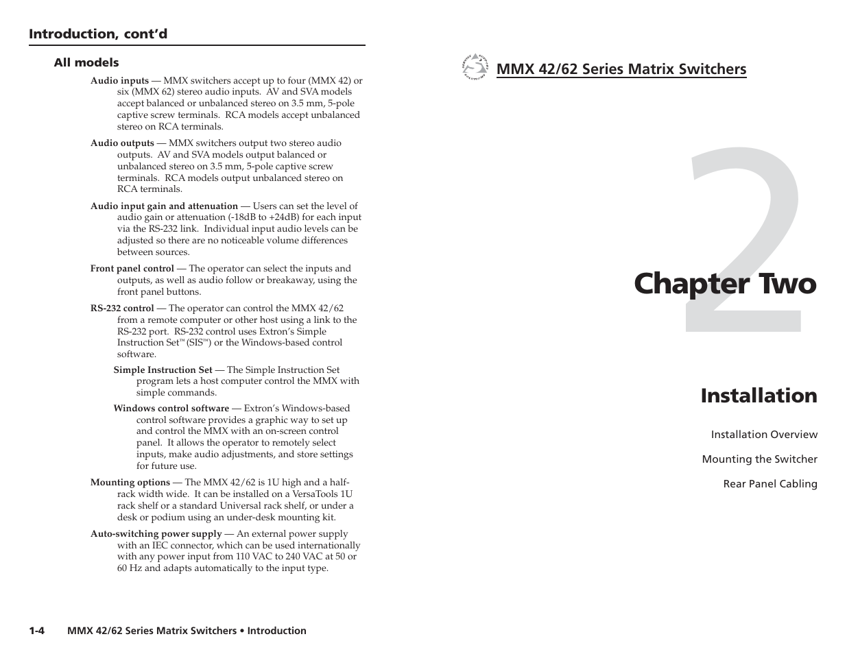 Ch.2: installation, Chapter two, Installation | Extron electronic MMX 42 User Manual | Page 8 / 23