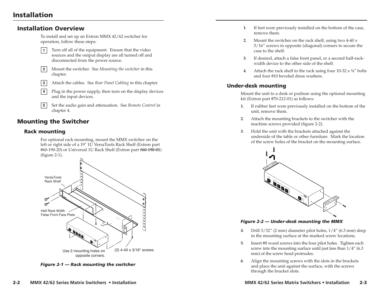Installation, Installation, cont’d, Installation overview | Mounting the switcher | Extron electronic MMX 42 User Manual | Page 9 / 23