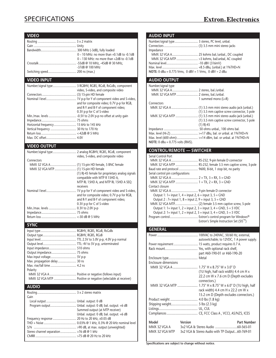 Specifications | Extron electronic MMX VGA Series User Manual | Page 3 / 4