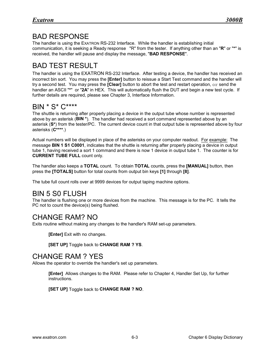 Bad response, Bad test result, Bin * s* c | Bin 5 s0 flush, Change ram? no, Change ram ? yes, Exatron 3000b | Extron electronic 3000B User Manual | Page 104 / 187