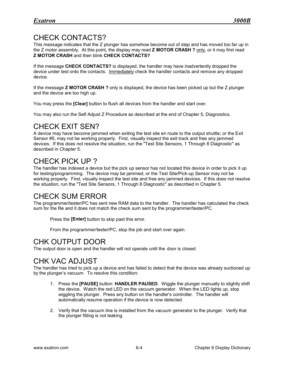 Check contacts, Check exit sen, Check pick up | Check sum error, Chk output door, Chk vac adjust, Exatron 3000b | Extron electronic 3000B User Manual | Page 105 / 187