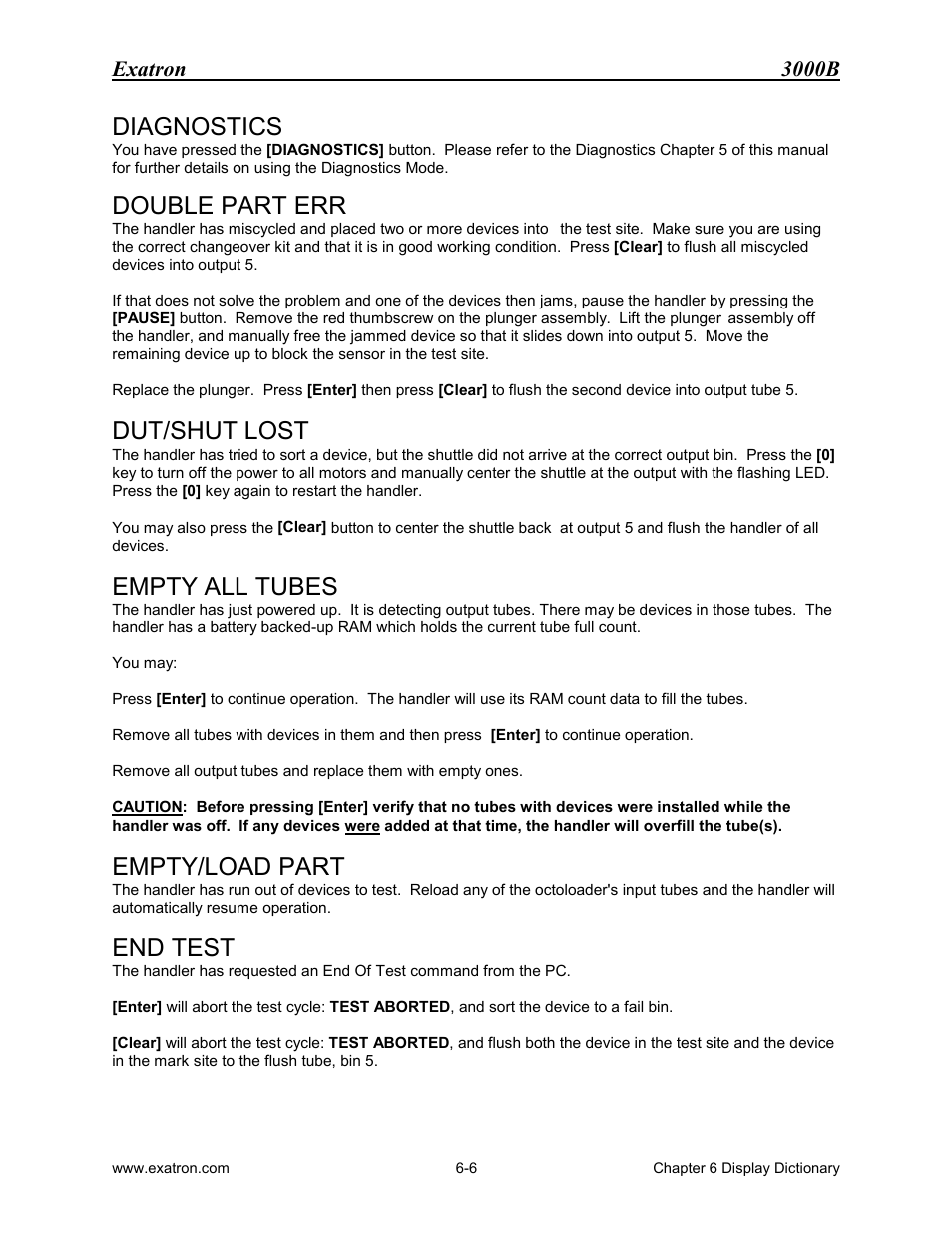 Diagnostics, Double part err, Dut/shut lost | Empty all tubes, Empty/load part, End test, Exatron 3000b | Extron electronic 3000B User Manual | Page 107 / 187