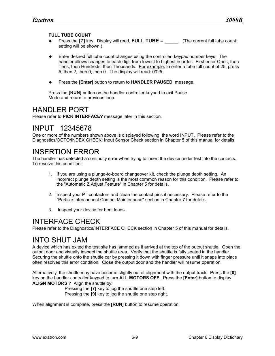 Handler port, Input 12345678, Insertion error | Interface check, Into shut jam, Exatron 3000b | Extron electronic 3000B User Manual | Page 110 / 187