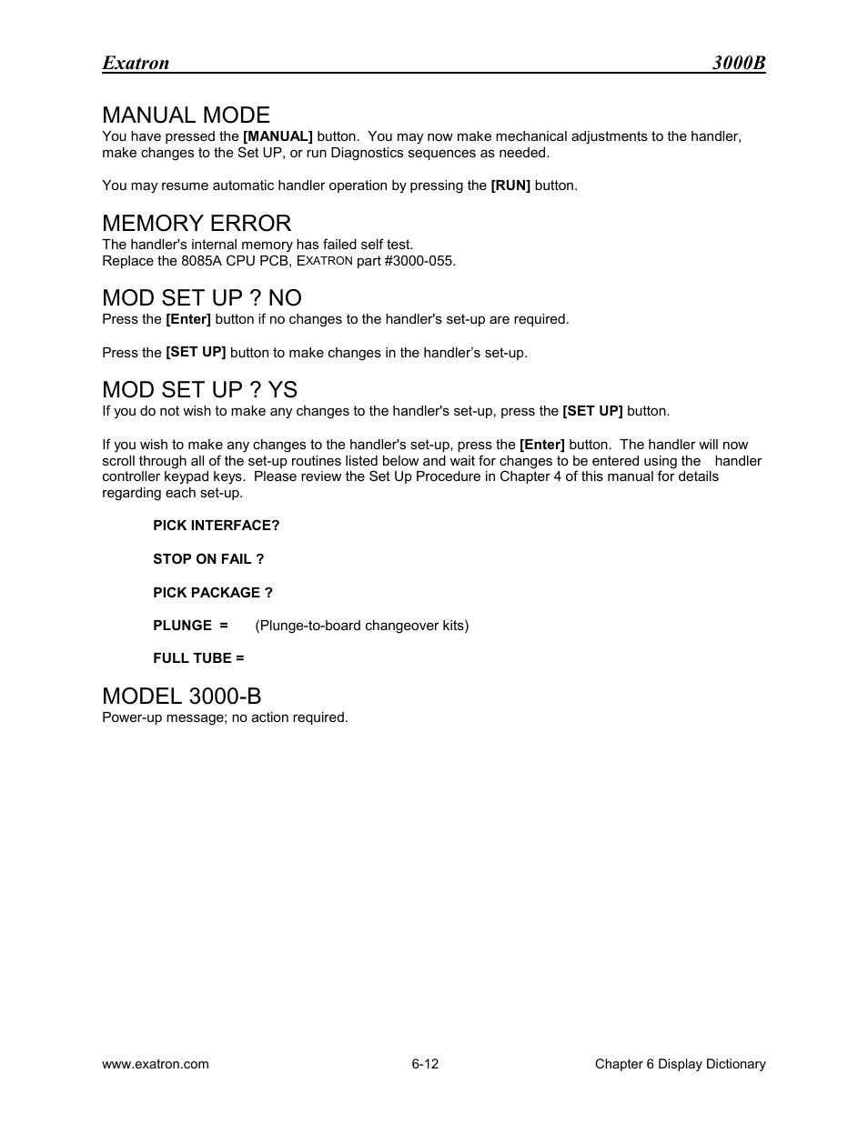 Manual mode, Memory error, Mod set up ? no | Mod set up ? ys, Model 3000-b, Exatron 3000b | Extron electronic 3000B User Manual | Page 113 / 187