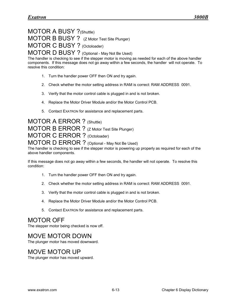 Motor a busy ?(shuttle), Motor b busy ? (z motor test site plunger), Motor c busy ? (octoloader) | Motor d busy ? (optional - may not be used), Motor a error ? (shuttle), Motor b error ? (z motor test site plunger), Motor c error ? (octoloader), Motor d error ? (optional - may not be used), Motor off, Move motor down | Extron electronic 3000B User Manual | Page 114 / 187