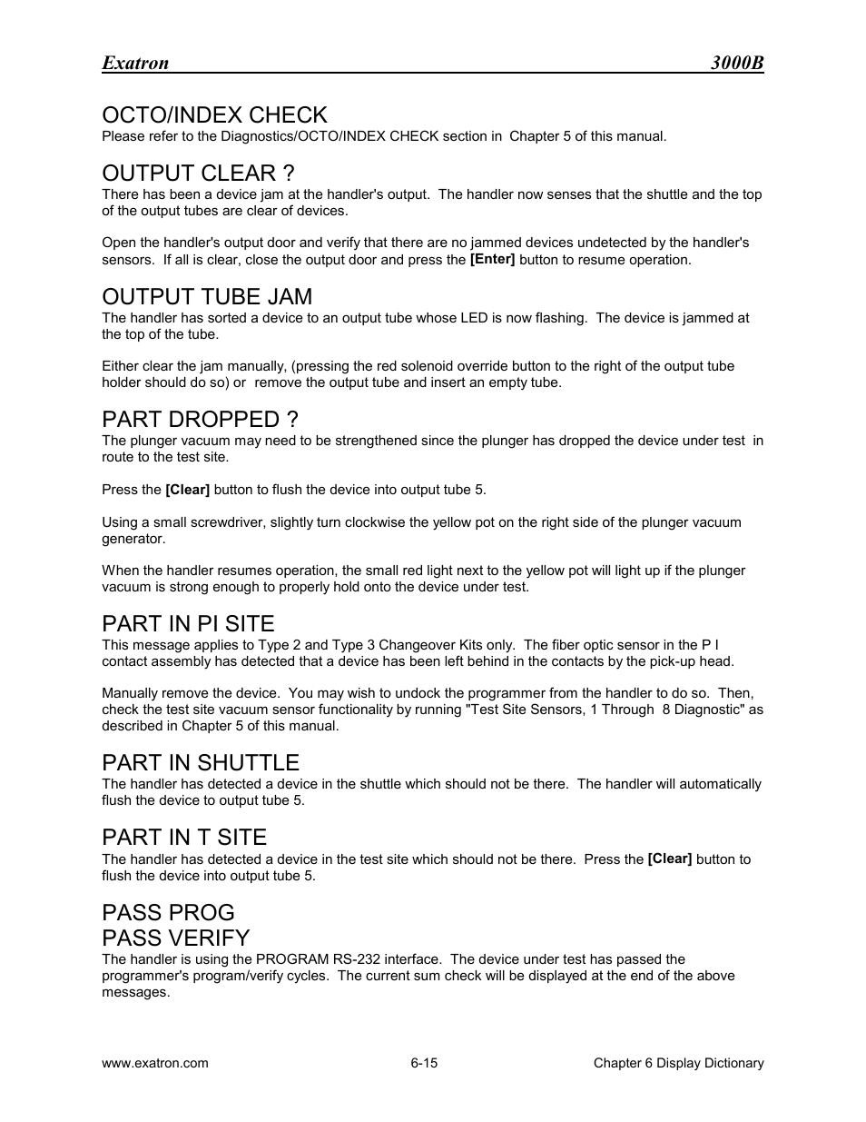 Octo/index check, Output clear, Output tube jam | Part dropped, Part in pi site, Part in shuttle, Part in t site, Pass prog, Pass verify, Pass prog pass verify | Extron electronic 3000B User Manual | Page 116 / 187