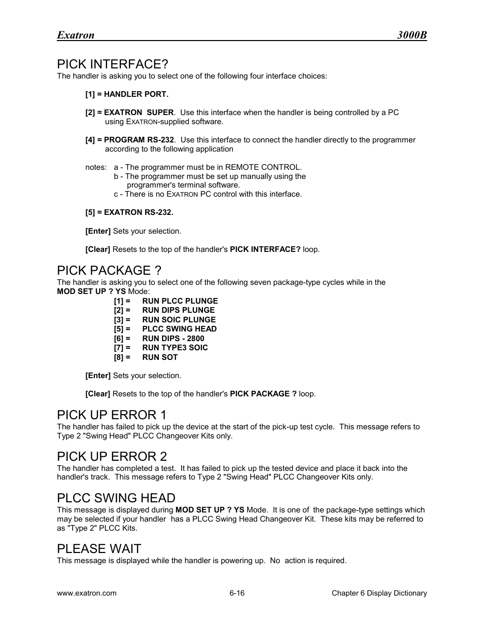 Pick interface, Pick package, Pick up error 1 | Pick up error 2, Plcc swing head, Please wait, Exatron 3000b | Extron electronic 3000B User Manual | Page 117 / 187