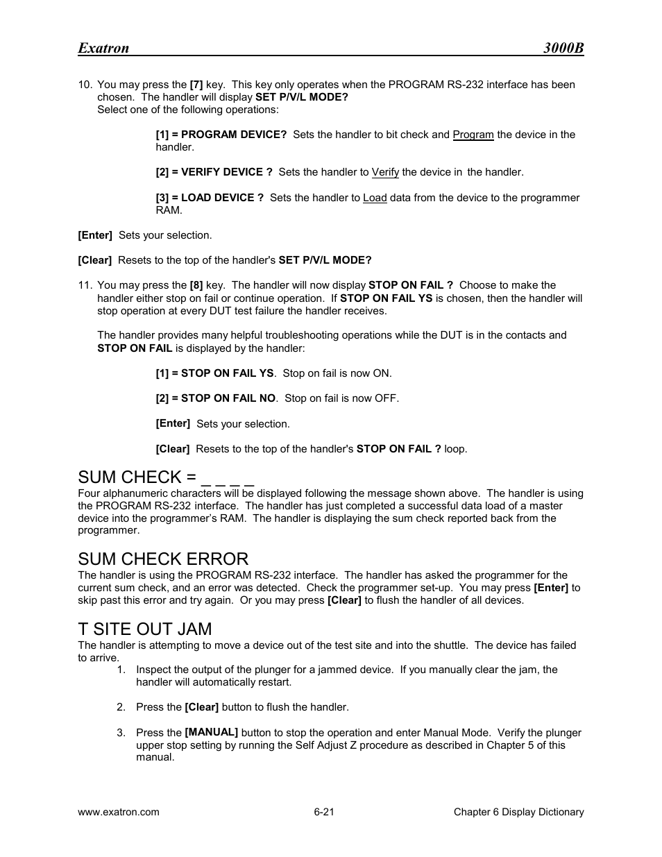 Sum check, Sum check error, T site out jam | Exatron 3000b | Extron electronic 3000B User Manual | Page 122 / 187