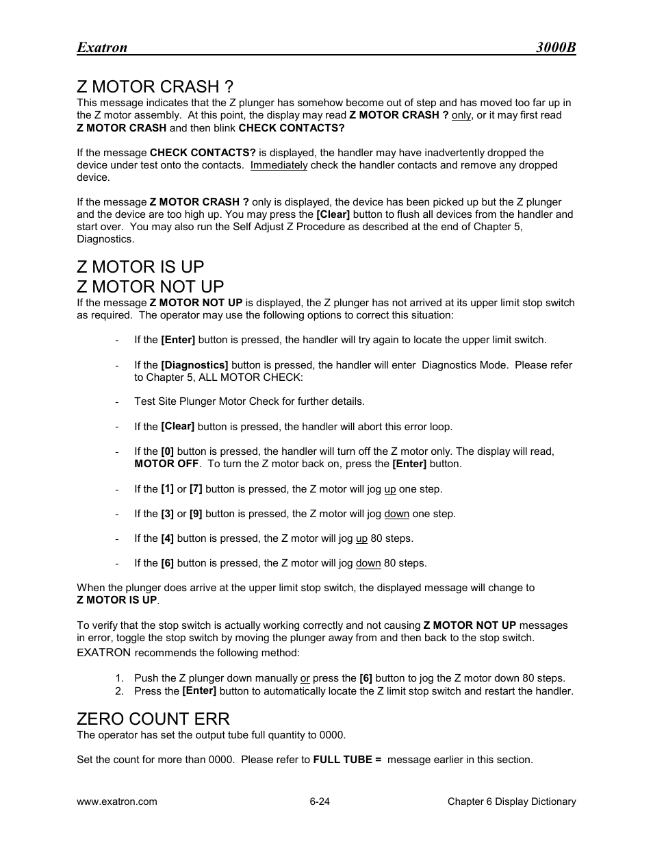 Z motor crash, Z motor is up, Z motor not up | Zero count err, Z motor is up z motor not up, Exatron 3000b | Extron electronic 3000B User Manual | Page 125 / 187