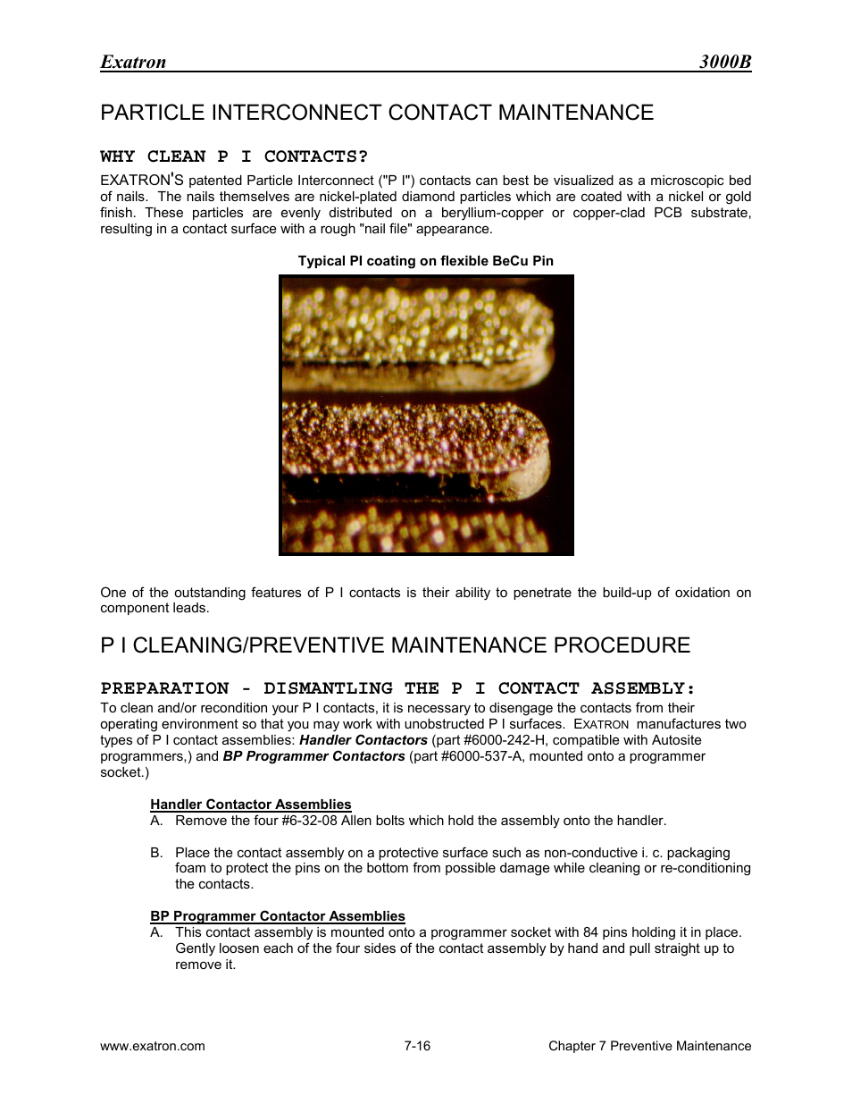 Particle interconnect contact maintenance, Why clean p i contacts, P i cleaning/preventive maintenance procedure | Preparation - dismantling the p i contact assembly, Particle interconnect contact maintenance -16, Why clean p i contacts? -16, P i cleaning/preventive maintenance procedure -16, Exatron 3000b | Extron electronic 3000B User Manual | Page 141 / 187