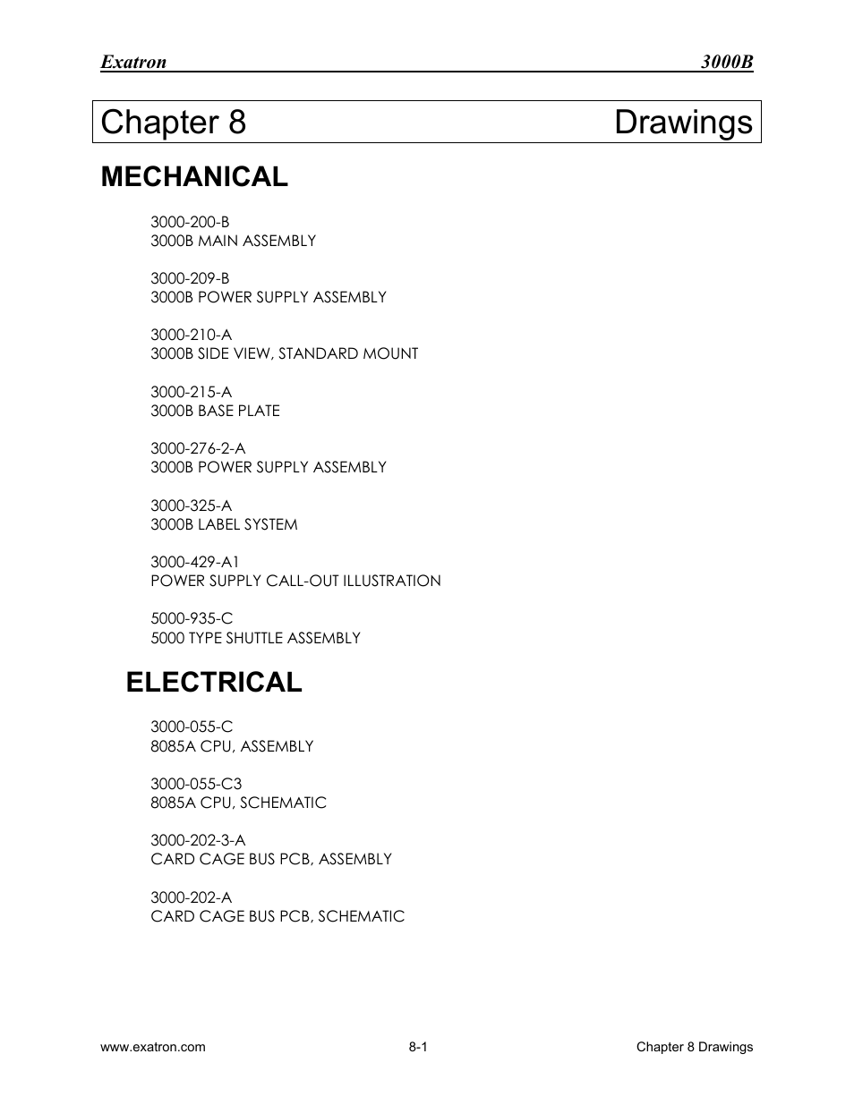 Chapter 8 drawings, Mechanical, Electrical | Chapter 8, Drawings -1, Mechanical -1 electrical -1 | Extron electronic 3000B User Manual | Page 144 / 187