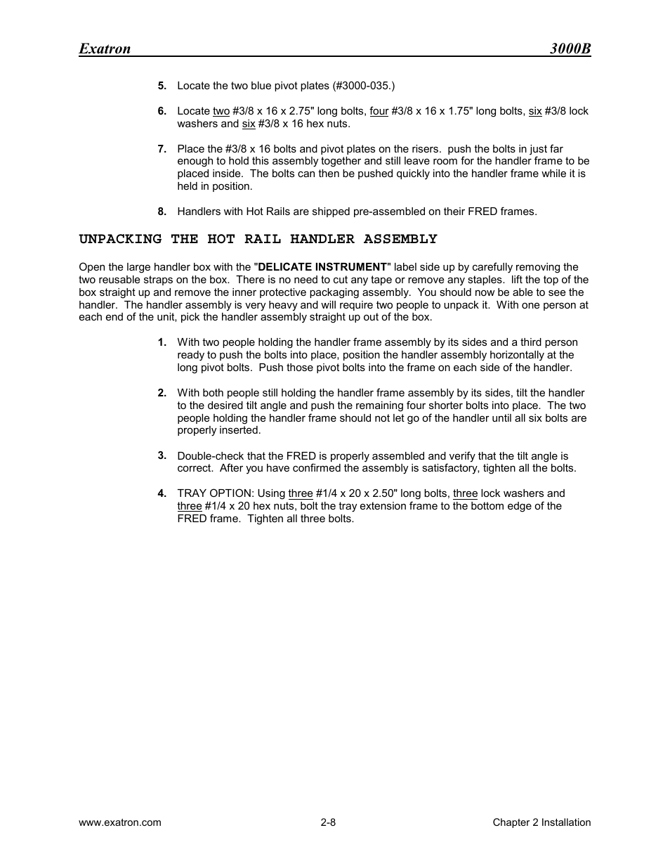 Unpacking the hot rail handler assembly, Unpacking the hot rail handler assembly -8, Exatron 3000b | Extron electronic 3000B User Manual | Page 34 / 187