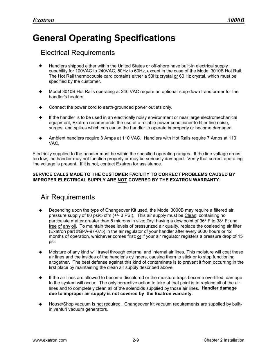 General operating specifications, Electrical requirements, Air requirements | Eneral, Perating, Pecifications, Electrical requirements -9 air requirements -9, Exatron 3000b | Extron electronic 3000B User Manual | Page 35 / 187