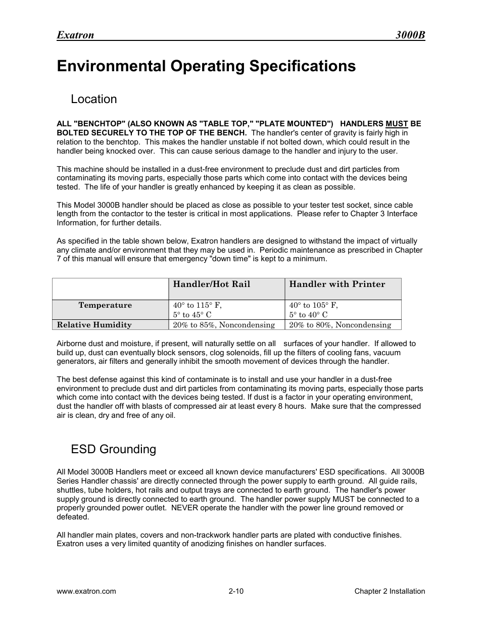 Environmental operating specifications, Location, Esd grounding | Nvironmental, Perating, Pecifications, Location -10 esd grounding -10, Exatron 3000b | Extron electronic 3000B User Manual | Page 36 / 187