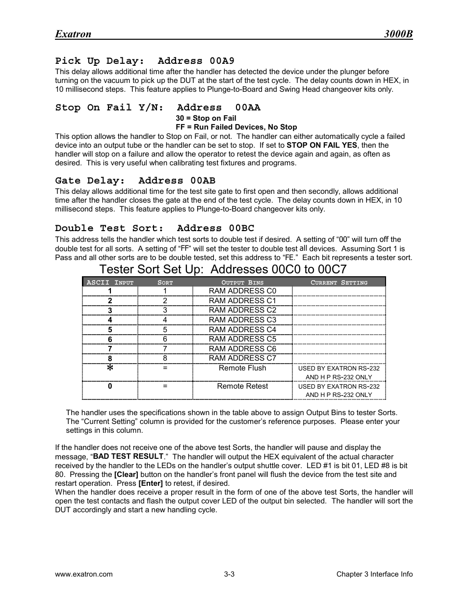 Pick up delay: address 00a9, Stop on fail y/n: address 00aa, Gate delay: address 00ab | Double test sort: address 00bc, Tester sort set up: addresses 00c0 to 00c7, Exatron 3000b | Extron electronic 3000B User Manual | Page 45 / 187