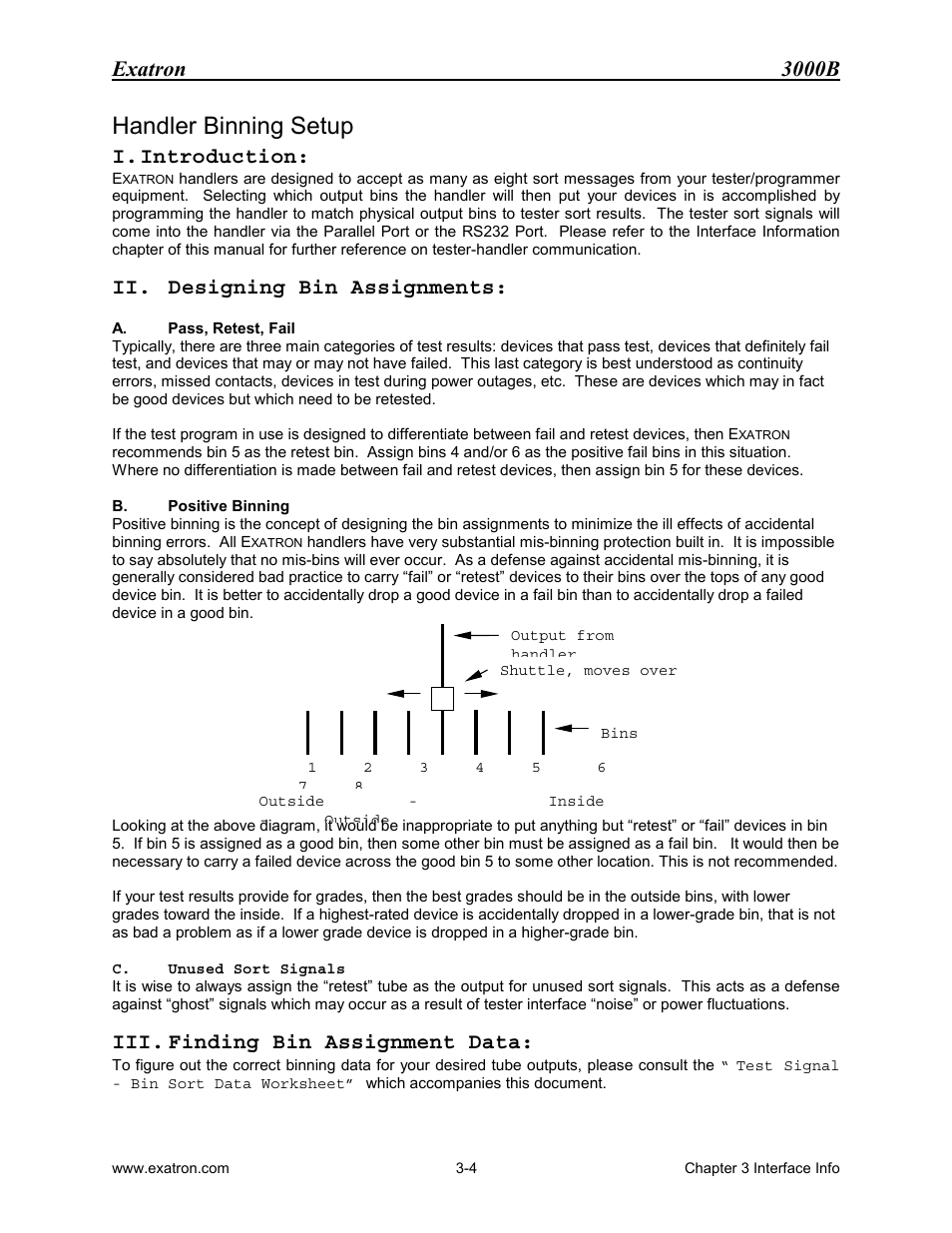 Handler binning setup, I. introduction, Ii. designing bin assignments | Iii. finding bin assignment data, Handler binning setup -4, Introduction: -4, Designing bin assignments: -4, Finding bin assignment data: -4, Exatron 3000b | Extron electronic 3000B User Manual | Page 46 / 187