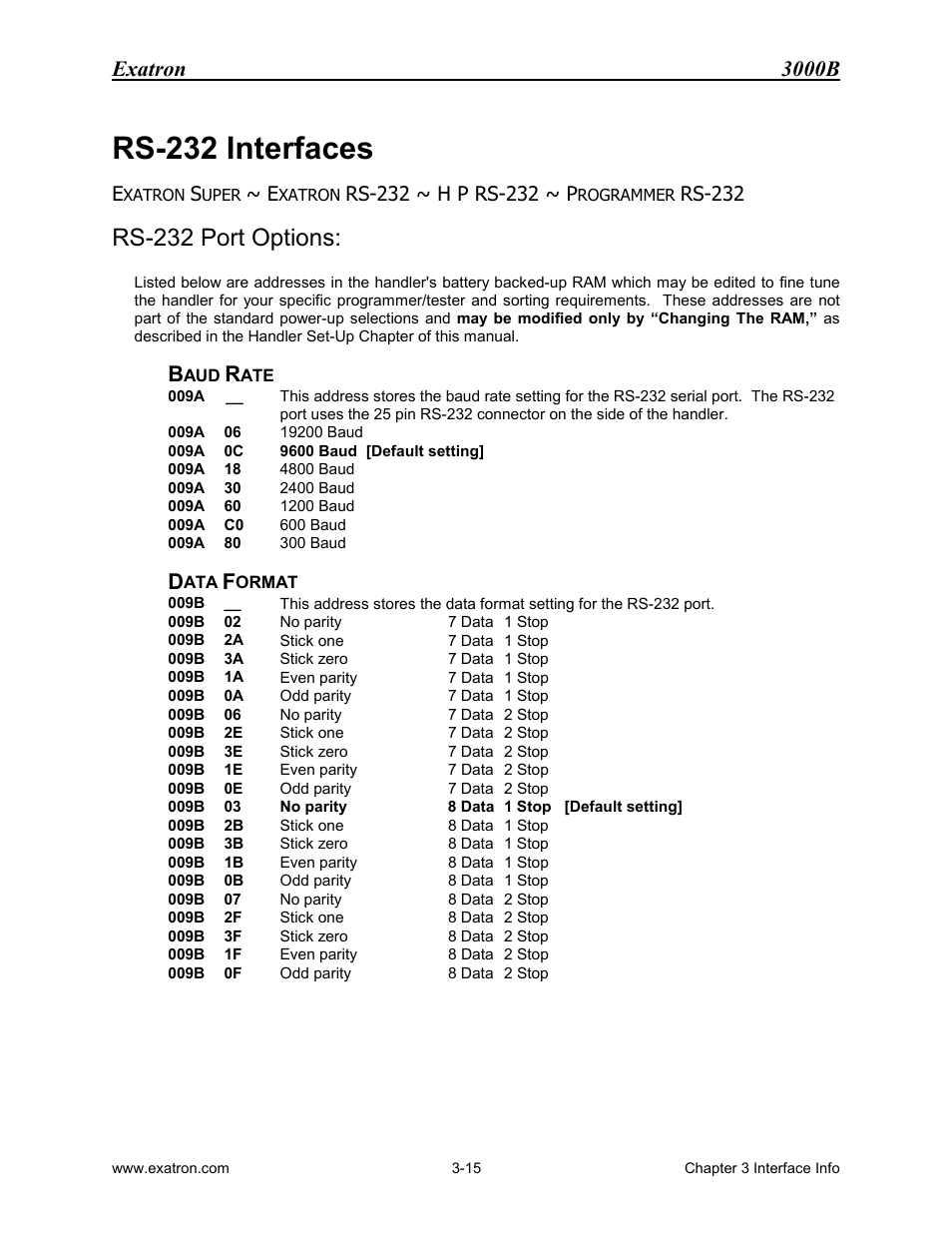 Rs-232 interfaces, Rs-232 port options, Rs-232 i | Nterfaces, Rs-232 port options: -15, Exatron 3000b, Rs-232 | Extron electronic 3000B User Manual | Page 57 / 187