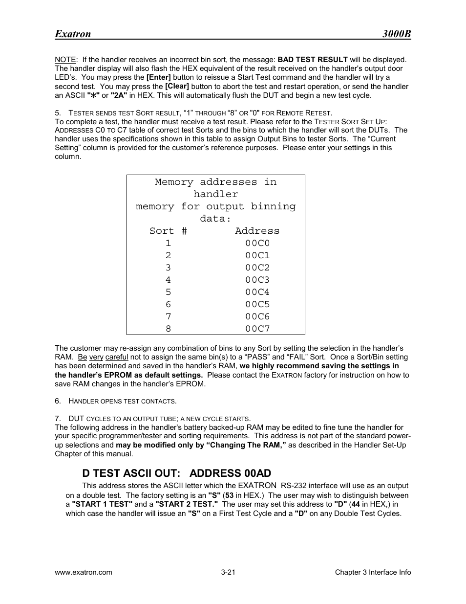 Exatron 3000b, D test ascii out: address 00ad | Extron electronic 3000B User Manual | Page 63 / 187