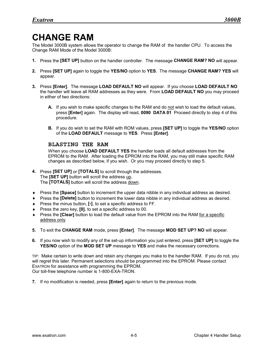 Change ram, Blasting the ram, Change ram -5 | Blasting the ram -5, Exatron 3000b | Extron electronic 3000B User Manual | Page 71 / 187